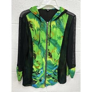 Bracha Black Mesh & Bright Green/Blue Zip Up, Light Weight Jacket/Sweatshirt (L)